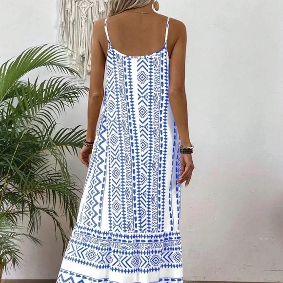 Emery Rose Loose fit geometric pattern printed Blue and White Maxi Dress - Picture 12 of 12